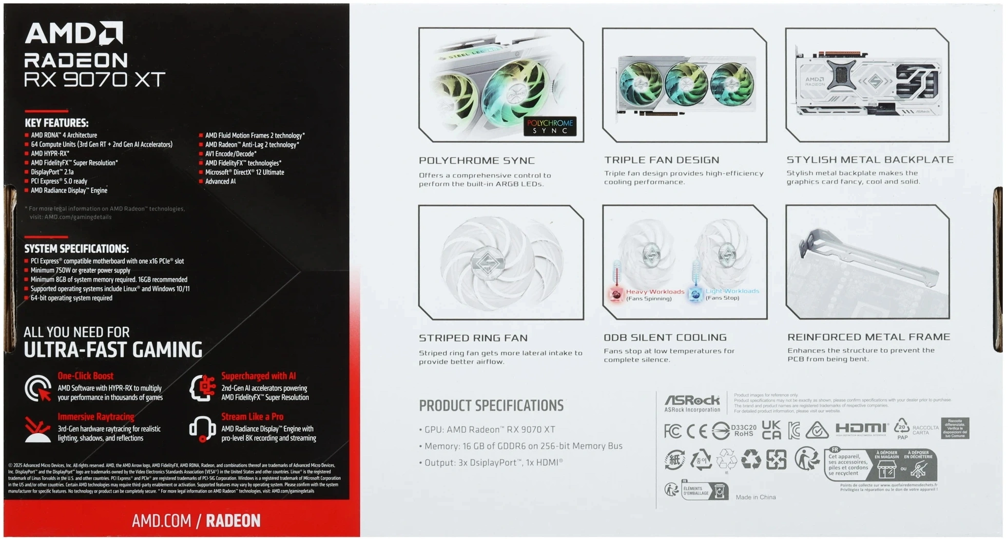 Видеокарта Asrock PCI-E 5.0 RX9070XT SL 16G AMD Radeon RX 9070XT 16Gb 256bit GDDR6 2400/20000 HDMIx1 DPx3 HDCP Ret