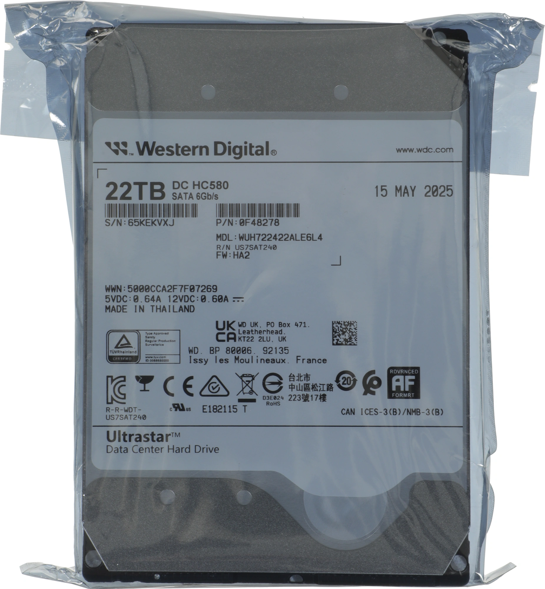 Жесткий диск WD SATA-III 22TB 0F48278/0F62785 WUH722422ALE6L4 Server Ultrastar DC HC580 (7200rpm) 512Mb 3.5