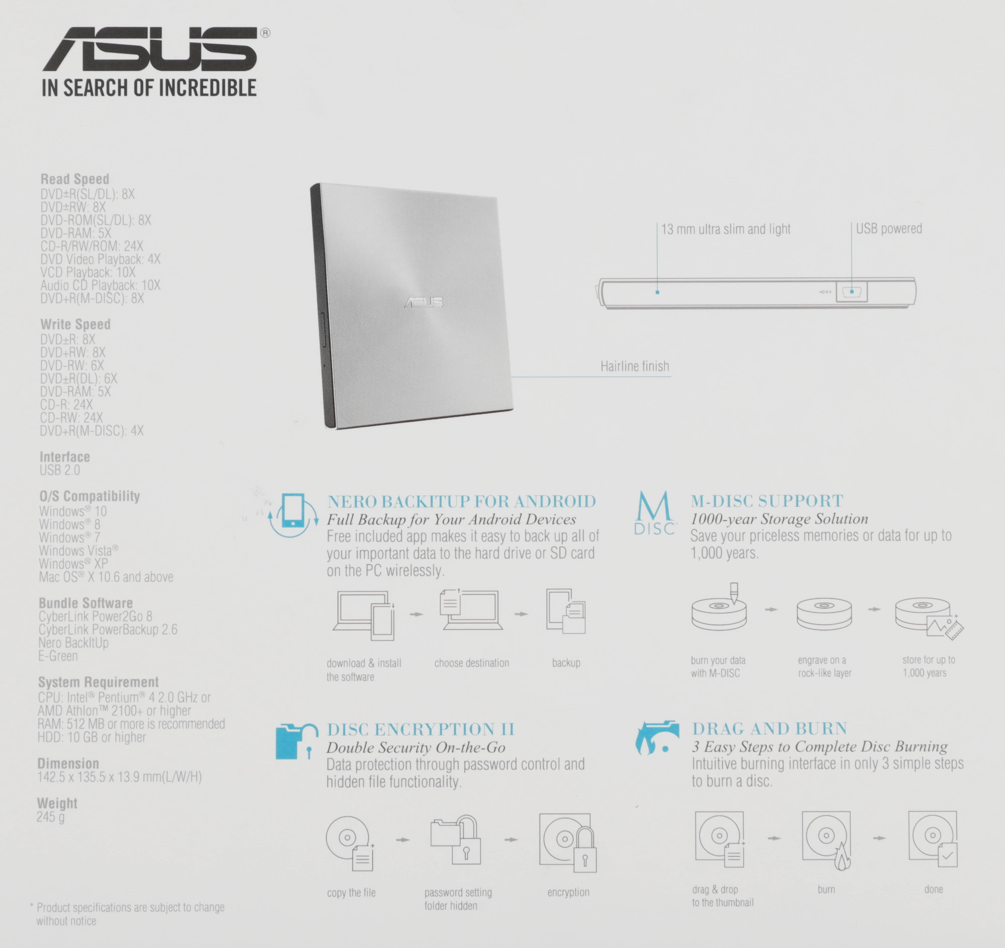 Привод DVD-RW Asus SDRW-08U7M-U серебристый USB ultra slim внешний RTL